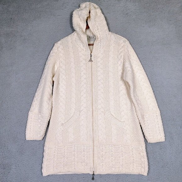 Aran Sweater Market Women Medium Cream 100% Merino Wool Cable Knit Fisherman - Picture 1 of 14